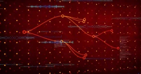 Data processing and network connections image over red digital background Illustrazione stock