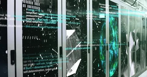 Data processing and network connections image over server racks in data center Stock Photos