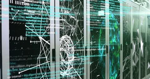 Data processing and network connections image over server racks in data center Stock Photos