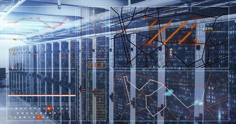 Data processing and network connections image over server racks in data center Stock Photos