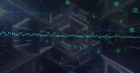 Data processing and network of digital icons over hexagonal tunnel against black Stock Photos