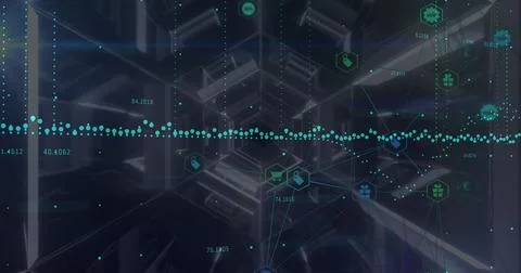 Data processing and network of digital icons over hexagonal tunnel against black 库存照片