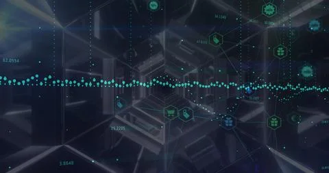 Data processing and network of digital icons over hexagonal tunnel against black Foto stock