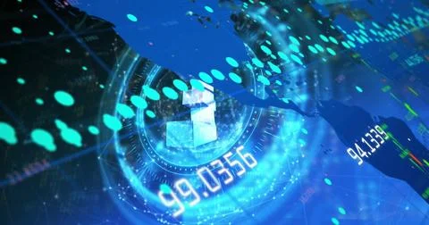 Data processing and pound symbol over a round scanner against world map on blue Stock Illustration