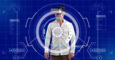 Data processing and scope scanner over man wearing vr headset against blue Stock Photos