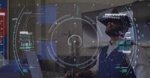 Data processing and scope scanning over african american man gesturing while Stock Photos