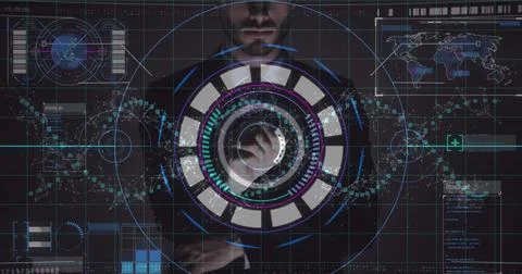Data processing and scope scanning over caucasian man touching futuristic screen Foto stock