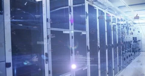 Data processing and social media icons image over server racks in data center 스톡 사진