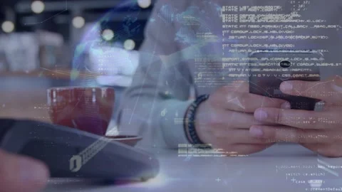 Data processing and spinning globe over mid section of a man making a payment Stock Footage 328455816