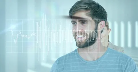 Data processing and spot of light over caucasian man smiling against white 스톡 사진