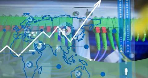 Data processing and world map over close up of computer server against green Foto stock