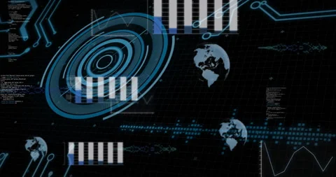 Data processing animation with bar graphs and global maps on digital interface Видео 304479975