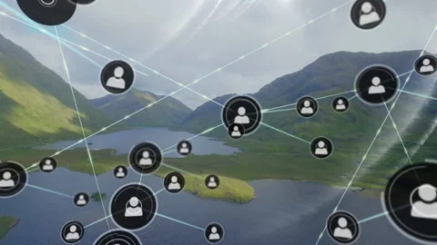 Data processing animation with network connections overlaying landscape view Stock Footage 306214347
