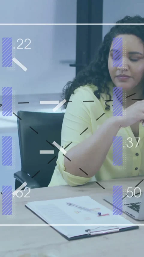 Data processing animation over businesswoman working on laptop at office desk Stock Footage 342916024