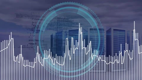 Data processing animation over cityscape with digital graphs and coding elements Stock Footage 304015294