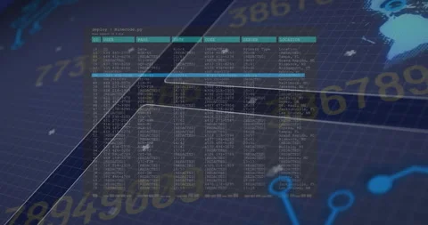 Data processing animation over digital interface with numbers and world map Stock Footage 303421974