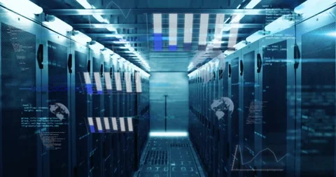 Data processing animation over futuristic server room with digital graphics Stock Footage 304088529