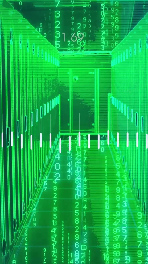 Data processing animation over green-lit server room with numerical codes 動画素材 344244274