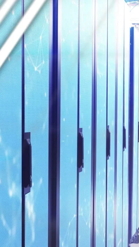 Data processing animation over rows of servers in data center Stock Footage 343129010