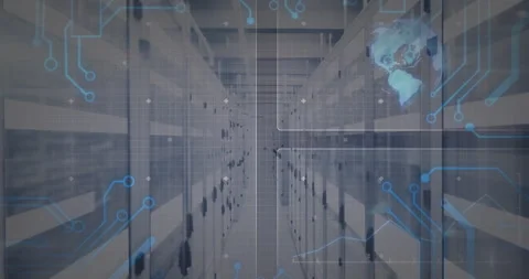 Data processing animation over server room with digital world map overlay Vídeos de archivo 303430903