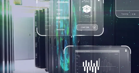 Data processing animation over server room with digital interface elements Stock Footage 303554197