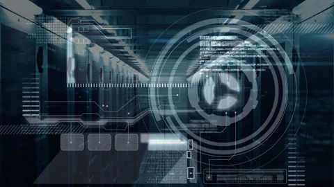 Data processing animation over server room with digital interface elements Stock Footage 303616273