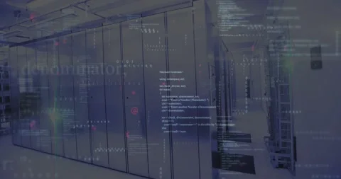 Data processing animation over server room with digital code overlay Stock Footage 330732866