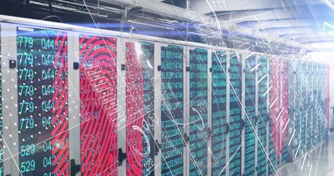 Data processing animation over servers with digital patterns and numbers 库存影片 304764323