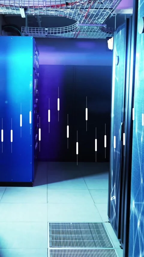 Data processing animation over servers in dimly lit data center Stock Footage 344244275