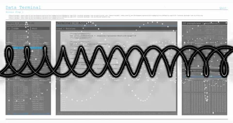 Data processing animation over terminal access screen with code and wave pattern Stock Footage 306816962