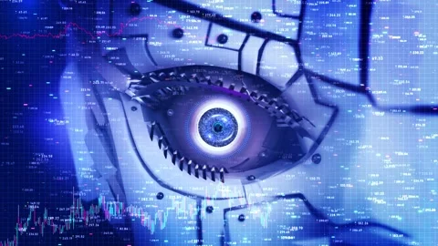Data processing binary coding Robot eye. online identity Digital interface human Stock Footage 333970679