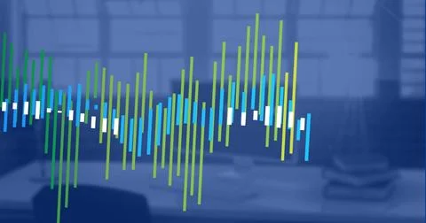 Data processing on blue and green graph over computer on office desk, copy space Foto stock
