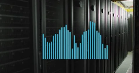 Data processing on a blue graph over computer server room Stock Illustration