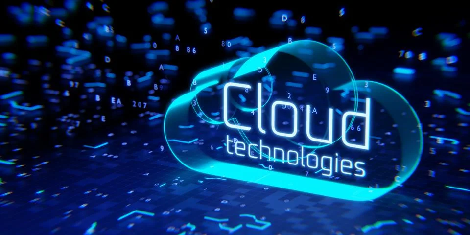 Data processing in the cloud service. Cloud technologies technology concept.  Illustrazione stock