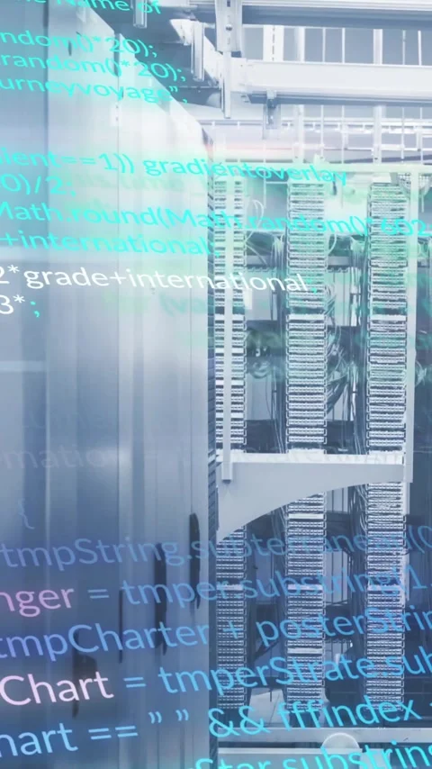 Data processing code animation over servers in modern data center Stock Footage 344370526