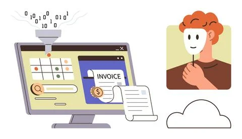 Data Processing on Computer Screen with Masked Person and Invoice Document Stock Illustration