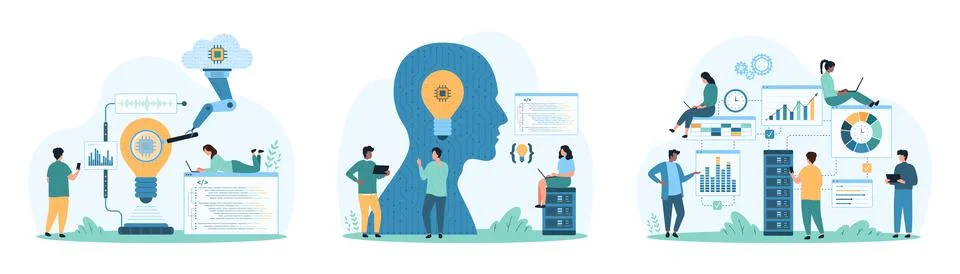 Data processing in computing system, engineering with AI, tiny people and cloud Illustrazione stock