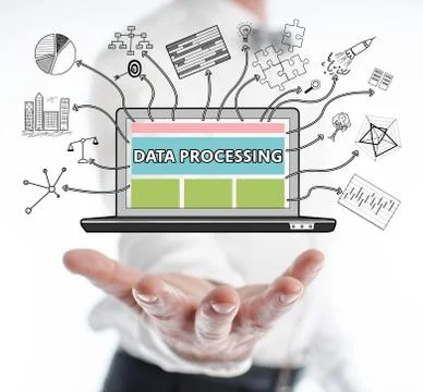 Data processing concept levitating above a hand Stock Photos