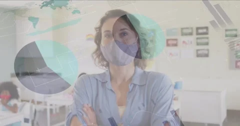 Data processing contrasts with image of masked teacher in school setting. Stock Footage 330402321