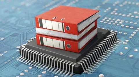 Data processing, data recovery, database, EDP.. Binders on CPU processor and Illustrazione stock