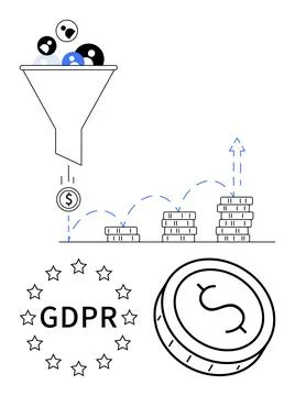 Data processing funnel transforming user data into revenue, emphasizing GDP.. Stock Illustration