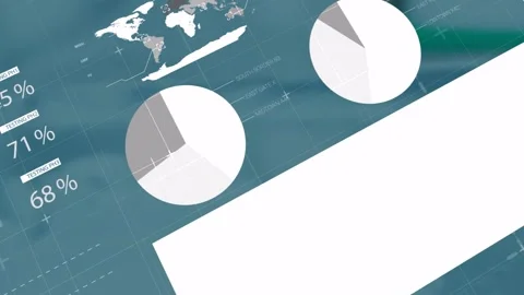 Data processing graphics overlaying pie charts and world map, creating animation Stock Footage 326298730