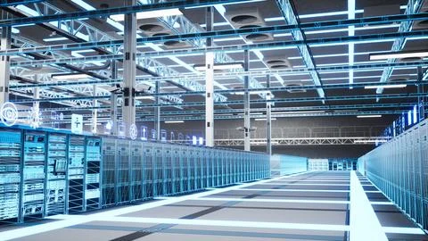 Data processing, high tech equipment and VFX compositing in server room 스톡 사진
