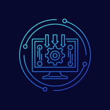 Data processing icon with computer, line vector Stock Illustration