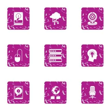 Data processing icons set, grunge style Stock Illustration