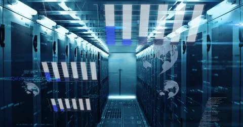 Data processing image over futuristic server room with digital graphics Stock Photos