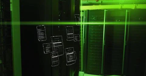 Data processing image over green-lit server room with floating code screens Stock Photos