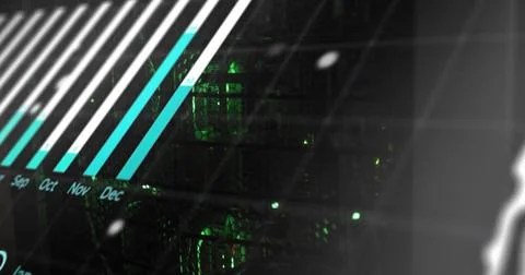 Data processing image over green-lit servers with diagonal lines and calendar Foto stock