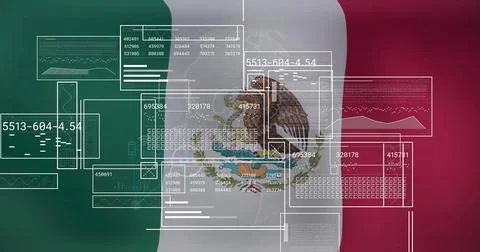 Data processing image over Mexican flag with numerical and graphical elements Stock Photos