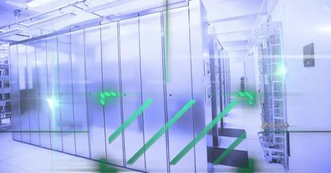 Data processing image over modern server room with glowing green lines Stock Photos